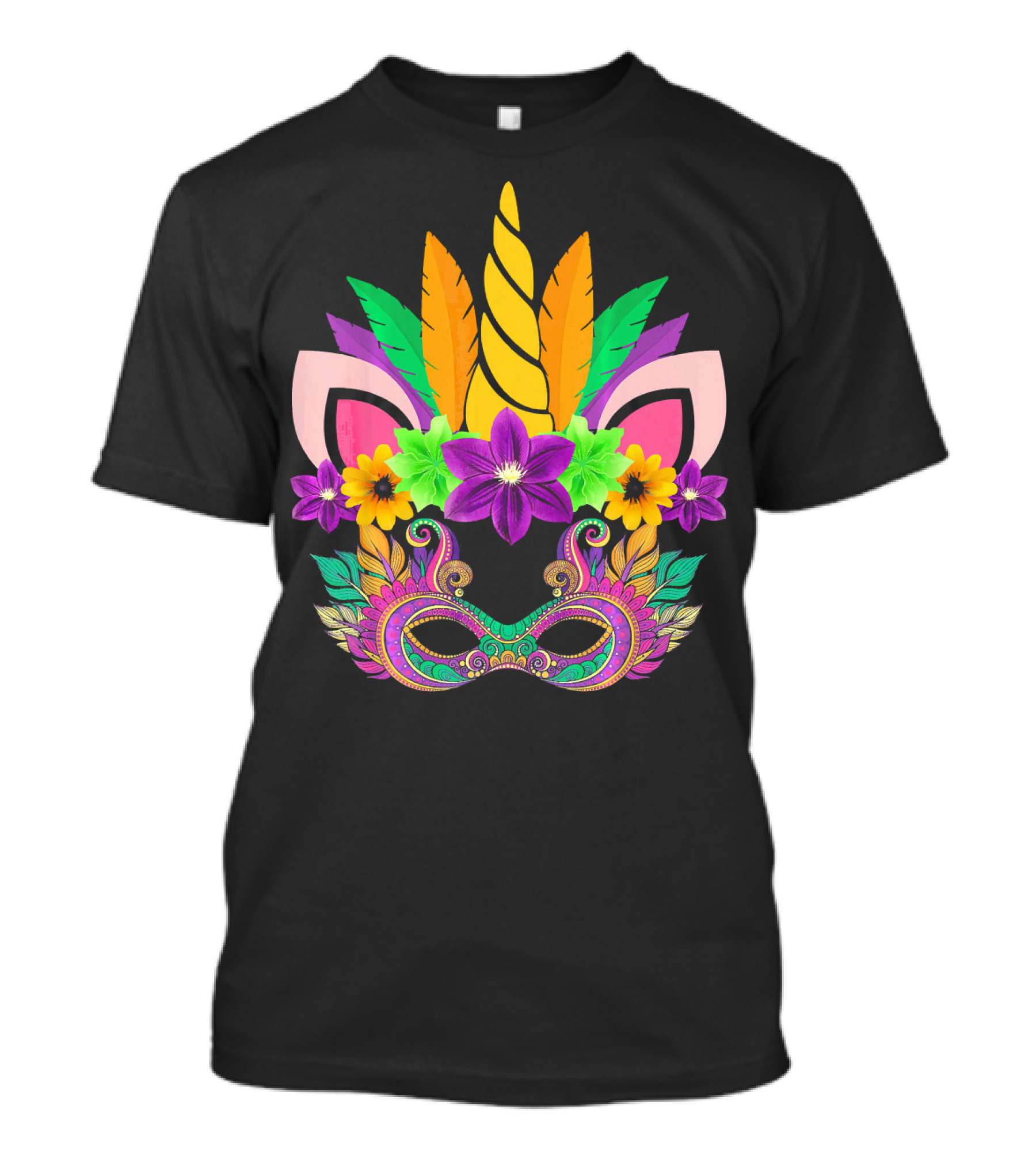 Mardi Gras Unicorn Mask With Flowers And Feathers T-Shirt