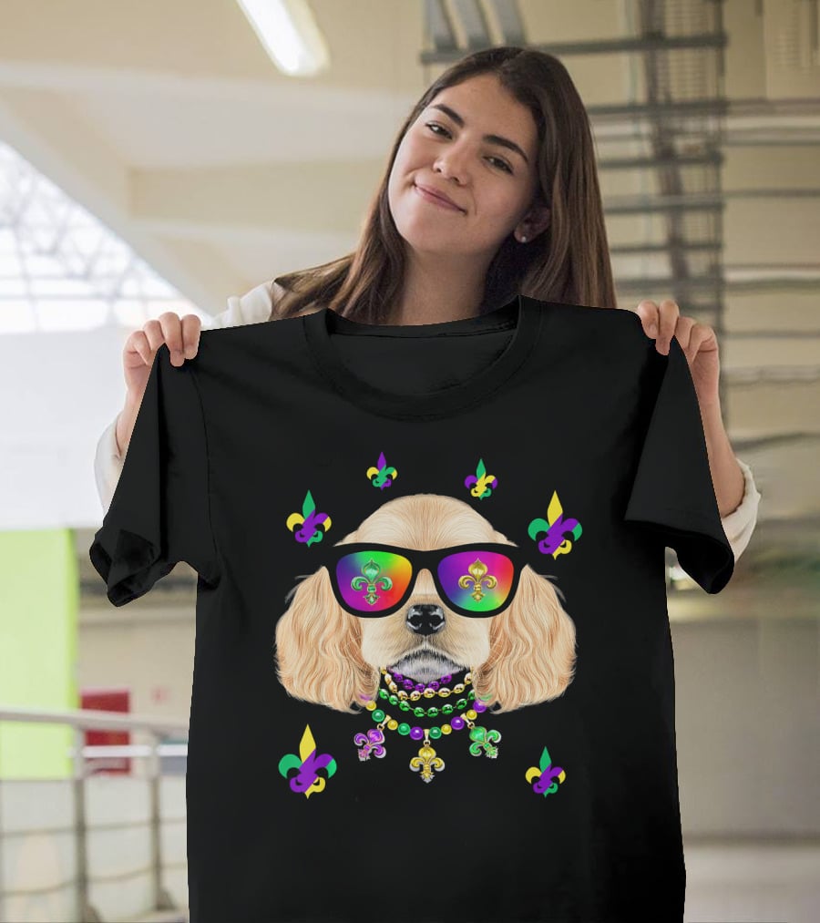 Dog Wearing Mardi Gras Beads And Sunglasses With Fleur-de-Lis T-Shirt