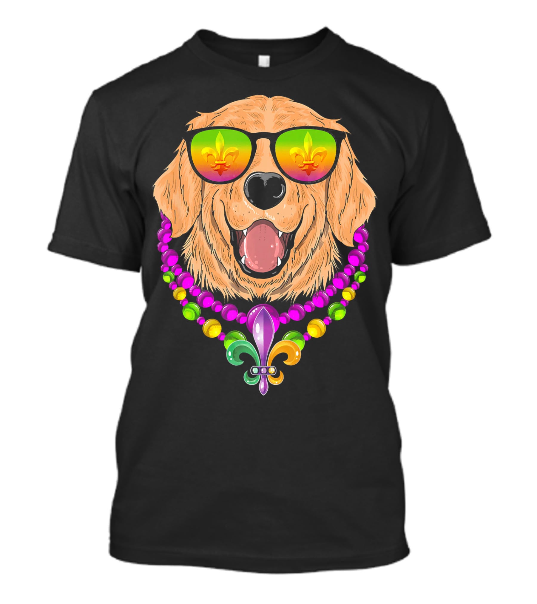 Golden Retriever With Fleur-de-Lis Beads And Sunglasses Mardi Gras T-Shirt