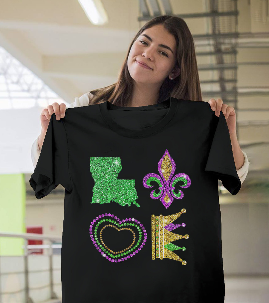 Love Mardi Gras Funny New Orleans Mardi Louisiana Glitter Fleur-de-Lis Heart Crown T-Shirt