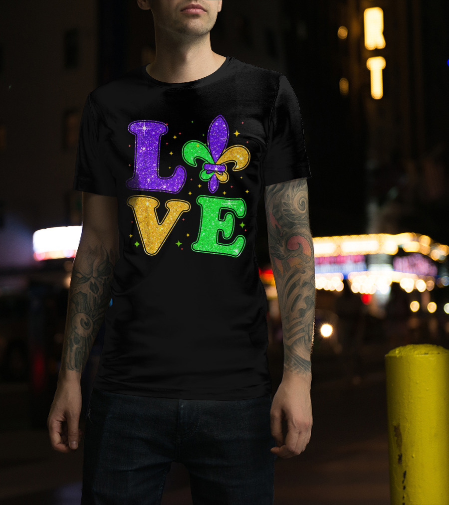 Love Mardi Gras Fleur De Lis Glitter T-Shirt