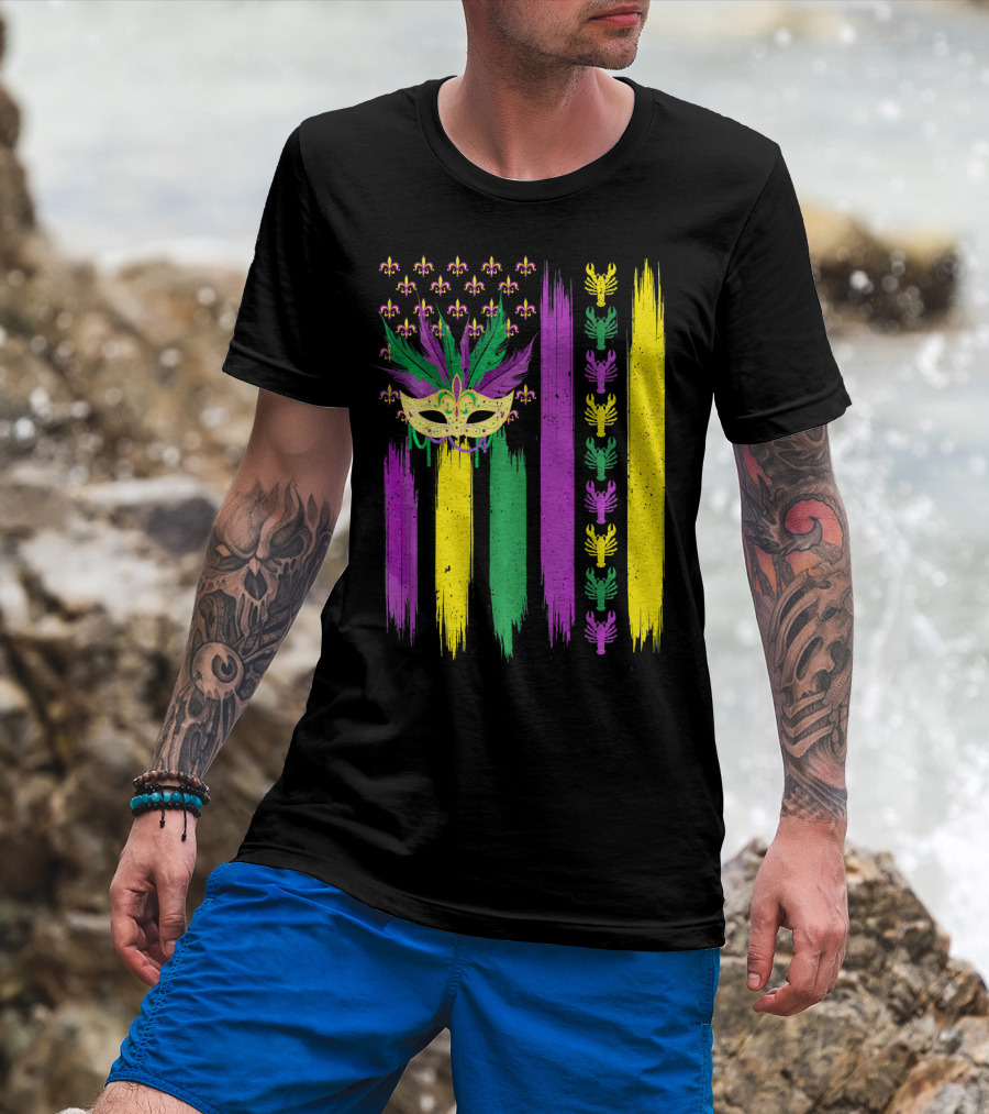 Crawfish Mask Mardi Gras Fleur-de-Lis American Flag Colors T-Shirt