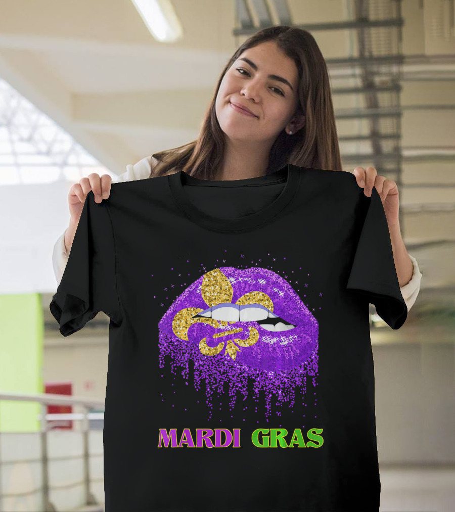 Mardi Gras Costume Funny Lips Glitter Fleur-de-lis T-Shirt
