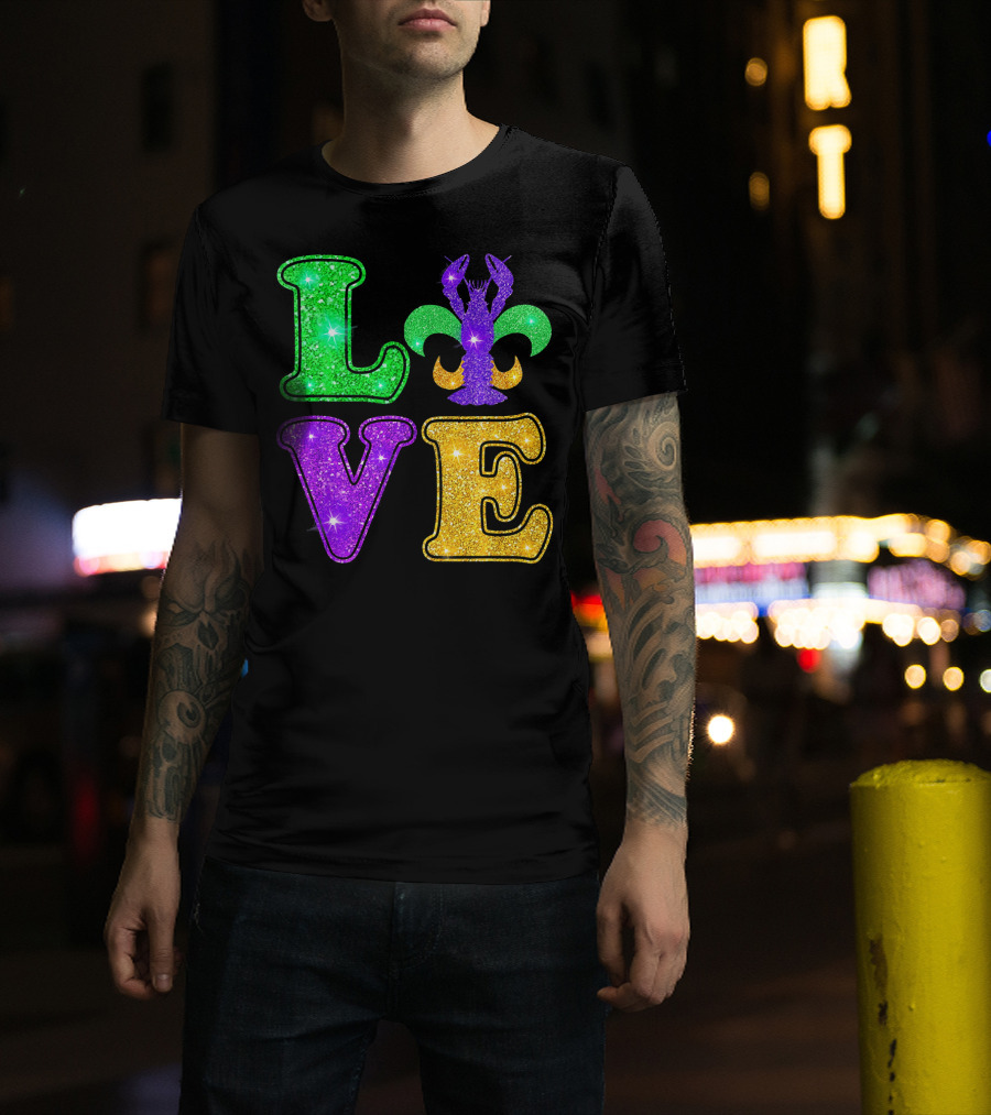 Mardi Gras Love Glitter Fleur De Lis Crawfish T-Shirt