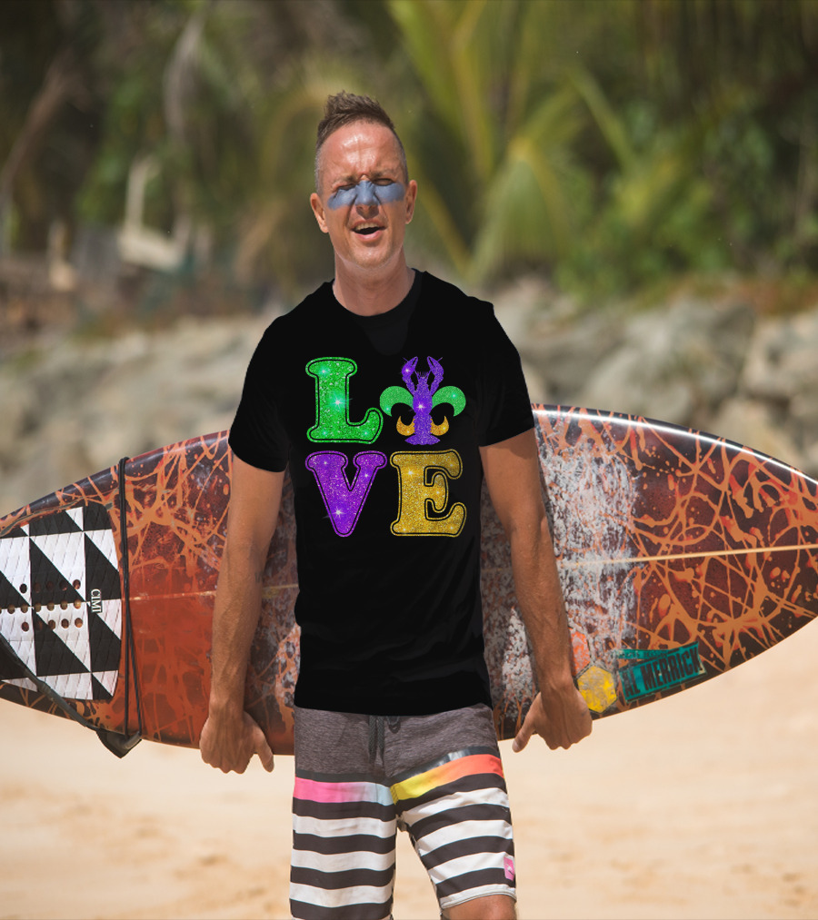 Mardi Gras Love Glitter Fleur De Lis Crawfish T-Shirt