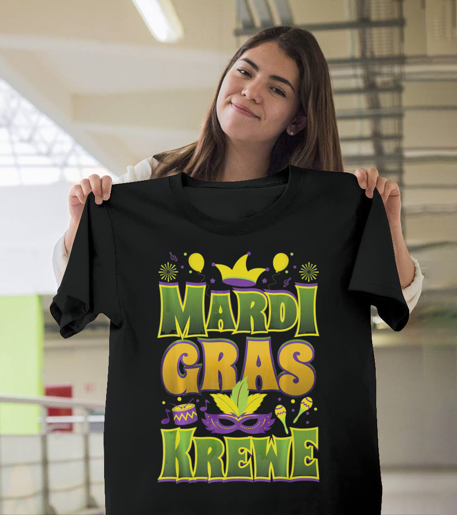 Mardi Gras Krewe Fat Tuesday Celebration with Crown and Mask T-Shirt