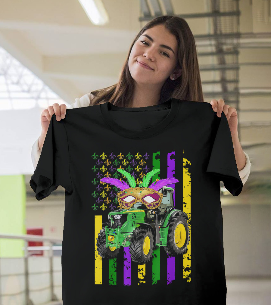 Mardi Gras Mask Tractor with Fleur-de-Lis and American Flag Colors T-Shirt