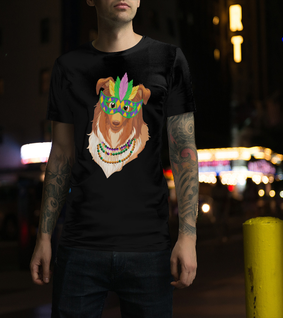 Collie Wearing Mardi Gras Mask And Beads T-Shirt
