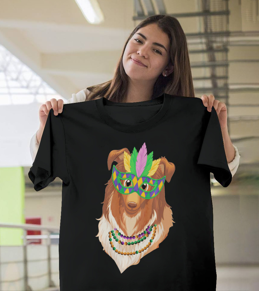 Collie Wearing Mardi Gras Mask And Beads T-Shirt