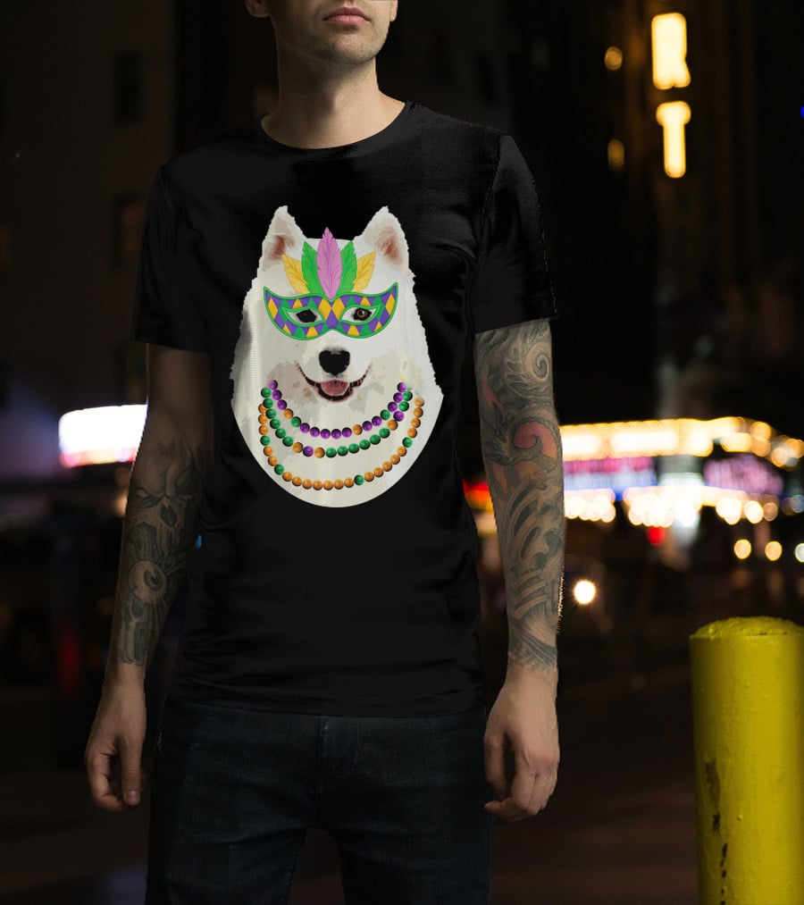 American Eskimo Dog Mardi Gras Mask Beads T-Shirt