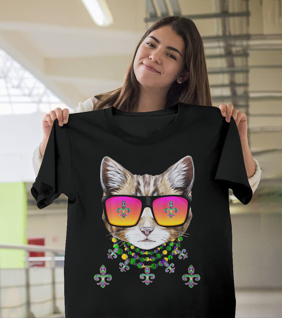 Mardi Gras Cat with Beads and Sunglasses Fleur-de-lis Icons T-Shirt