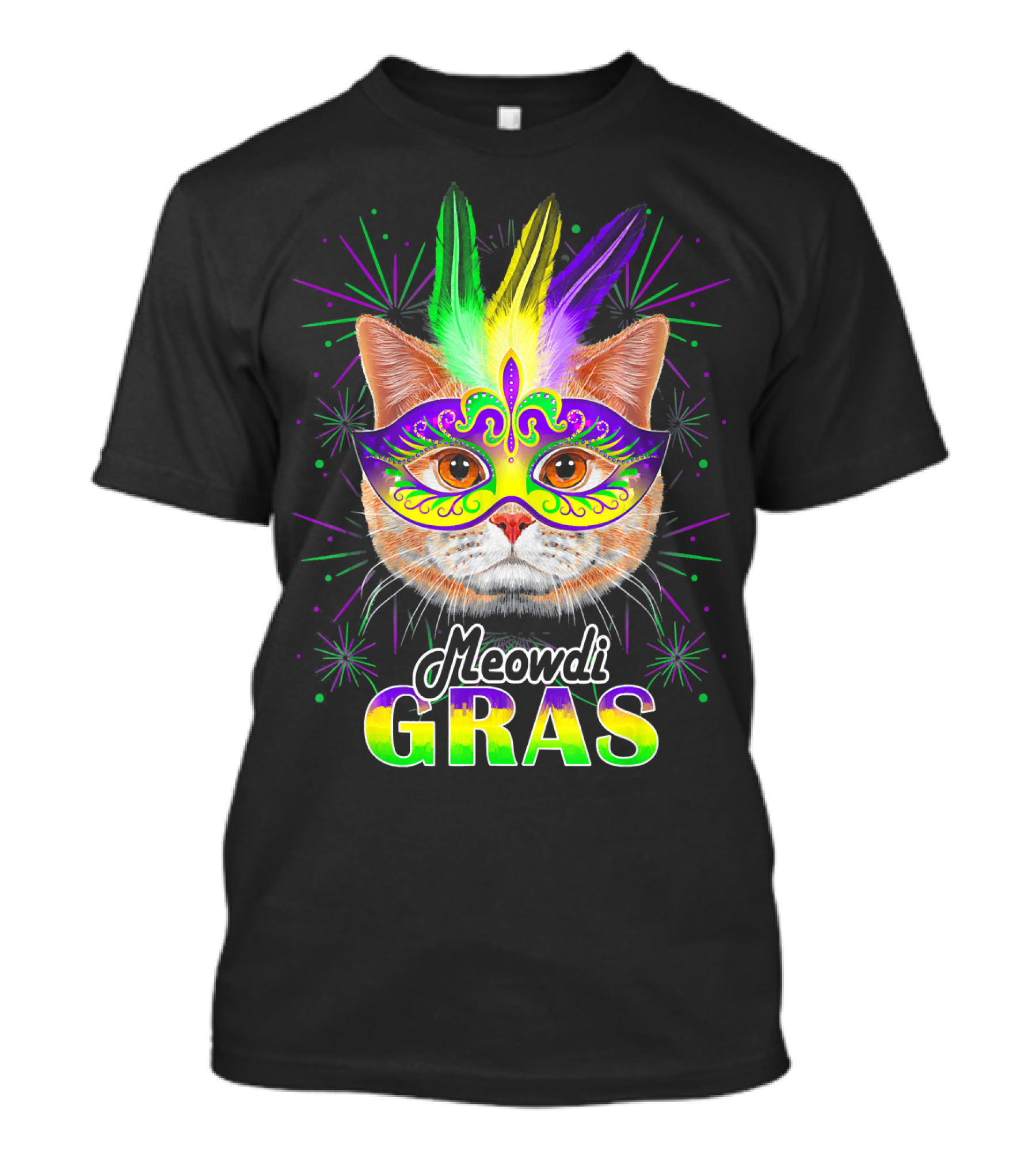 Meowdi Gras Mardi Gras Cat With Colorful Mask And Feathers T-Shirt