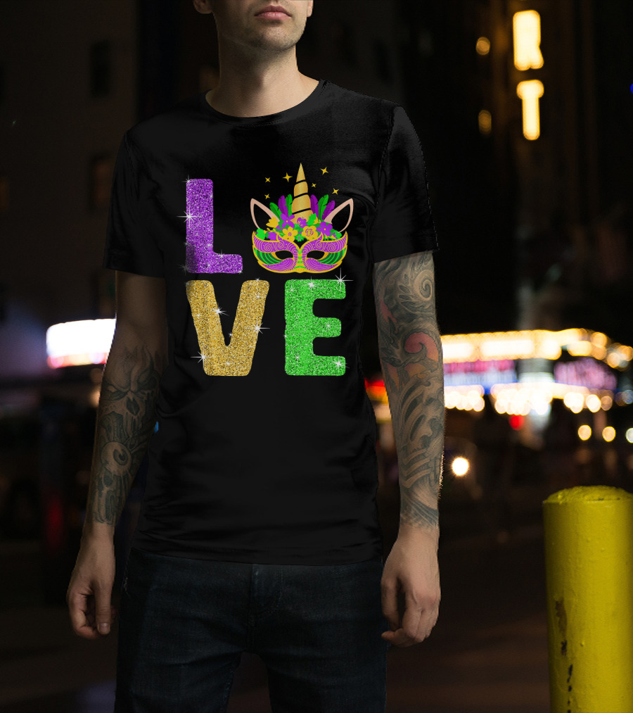 Unicorn Masquerade Mask Mardi Gras Love T-Shirt