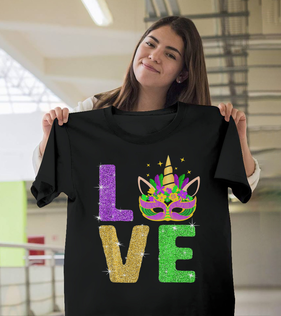Unicorn Masquerade Mask Mardi Gras Love T-Shirt