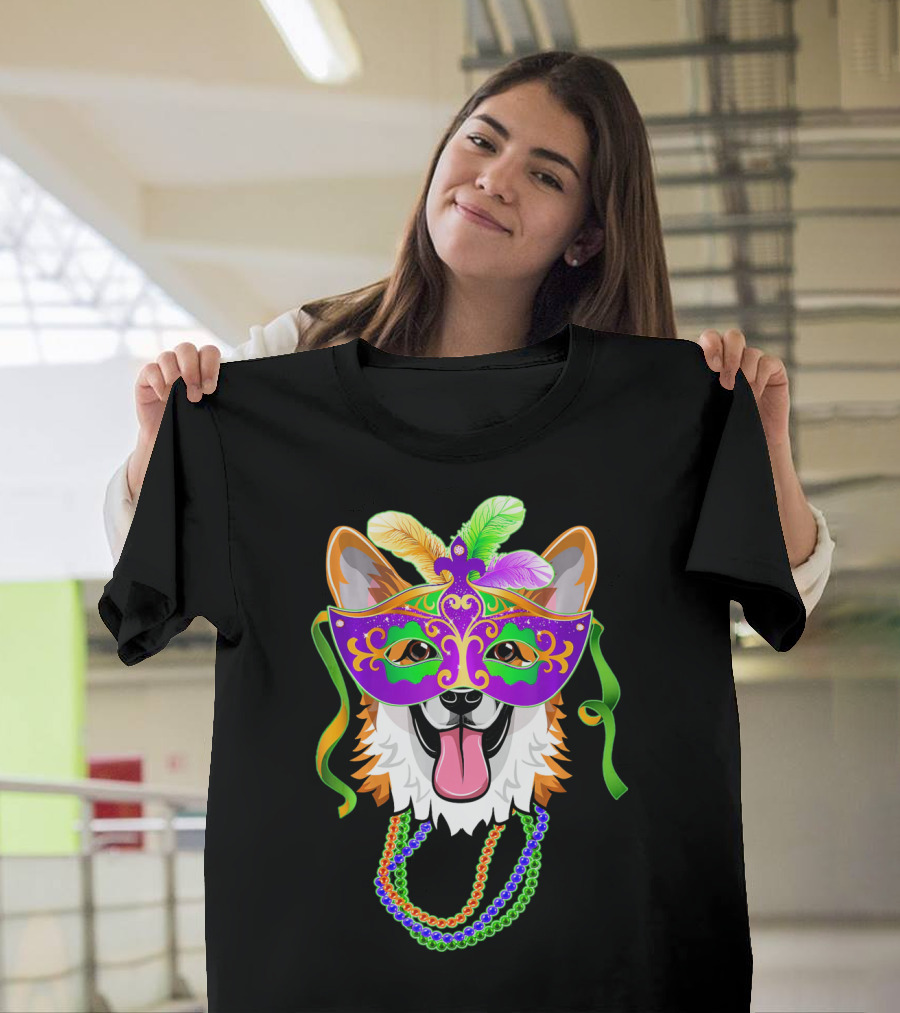 Mardi Gras Corgi Mask with Colorful Beads and Feathers T-Shirt