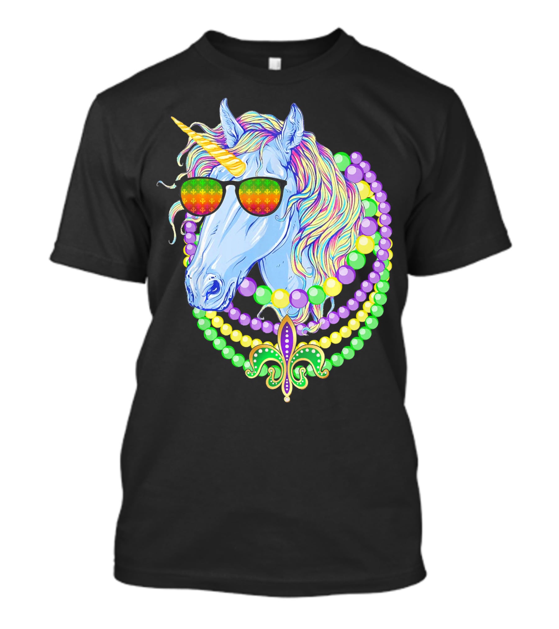 Unicorn With Sunglasses And Colorful Beads Featuring Fleur-de-Lis For Mardi Gras T-Shirt