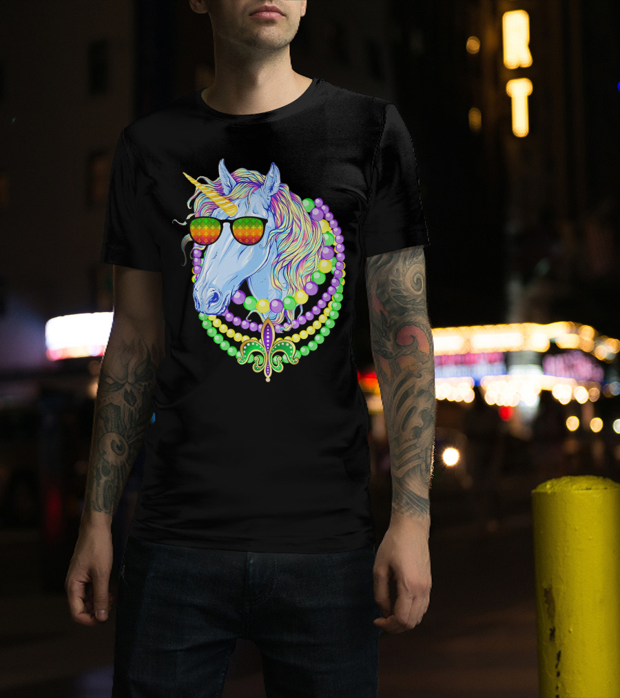 Unicorn With Sunglasses And Colorful Beads Featuring Fleur-de-Lis For Mardi Gras T-Shirt