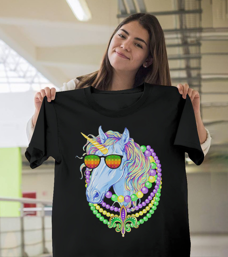 Unicorn with Sunglasses and Colorful Beads Featuring Fleur-de-Lis for Mardi Gras T-Shirt