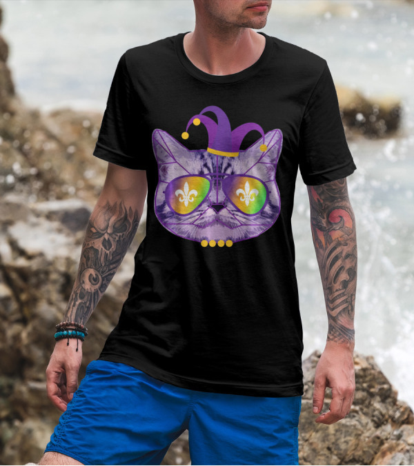 Funny Cat Jester Mask Sunglasses Cat Lover Fleur-de-lis T-Shirt