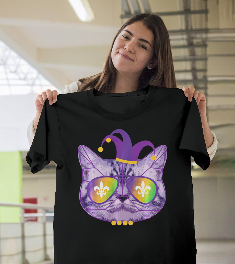 Funny Cat Jester Mask Sunglasses Cat Lover Fleur-de-lis T-Shirt