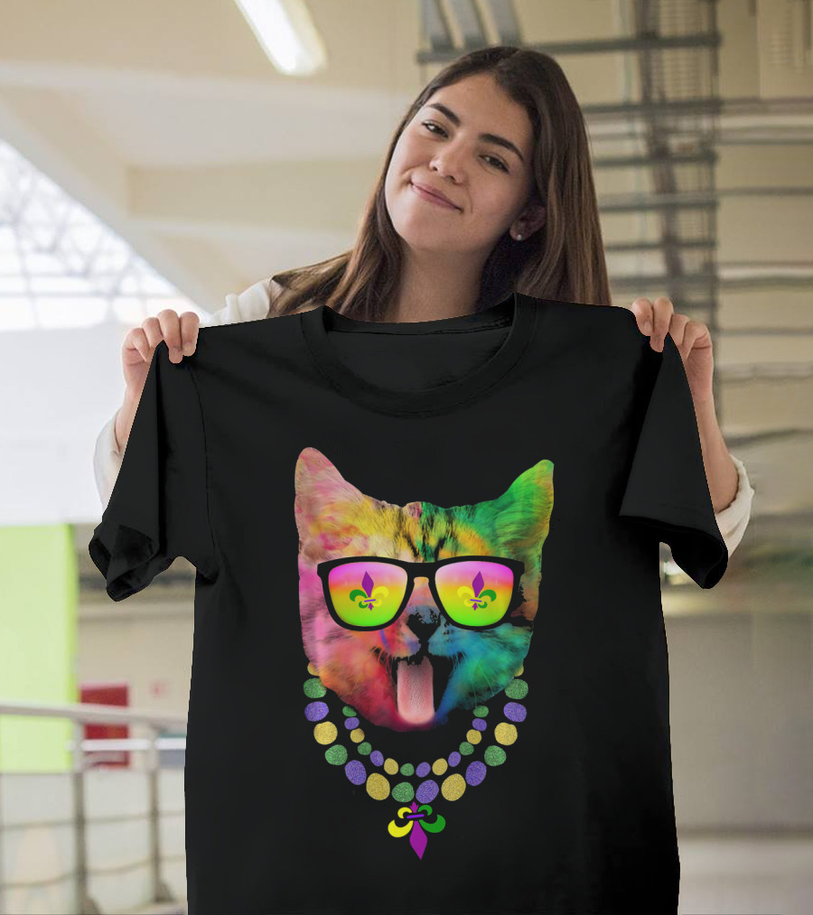 Cool Cat Mardi Gras Costume with Colorful Beads and Sunglasses Fleur-de-Lis T-Shirt