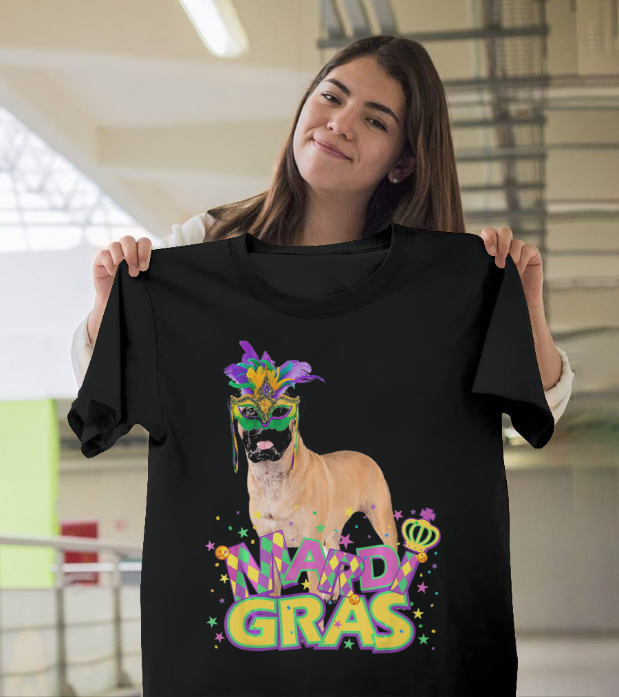 Mardi Gras Bullmastiff Mask Feathers Stars T-Shirt