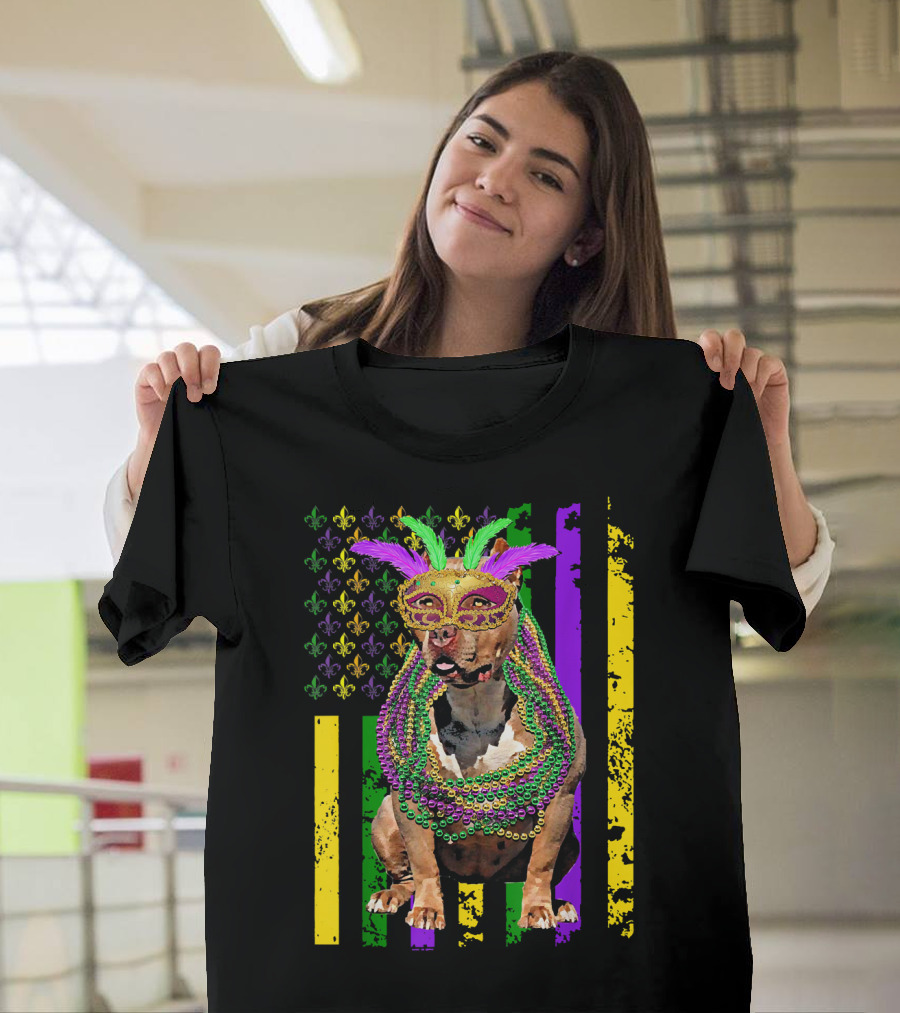 Pitbull Wearing Mardi Gras Beads and Mask with American Flag and Fleur de Lis T-Shirt