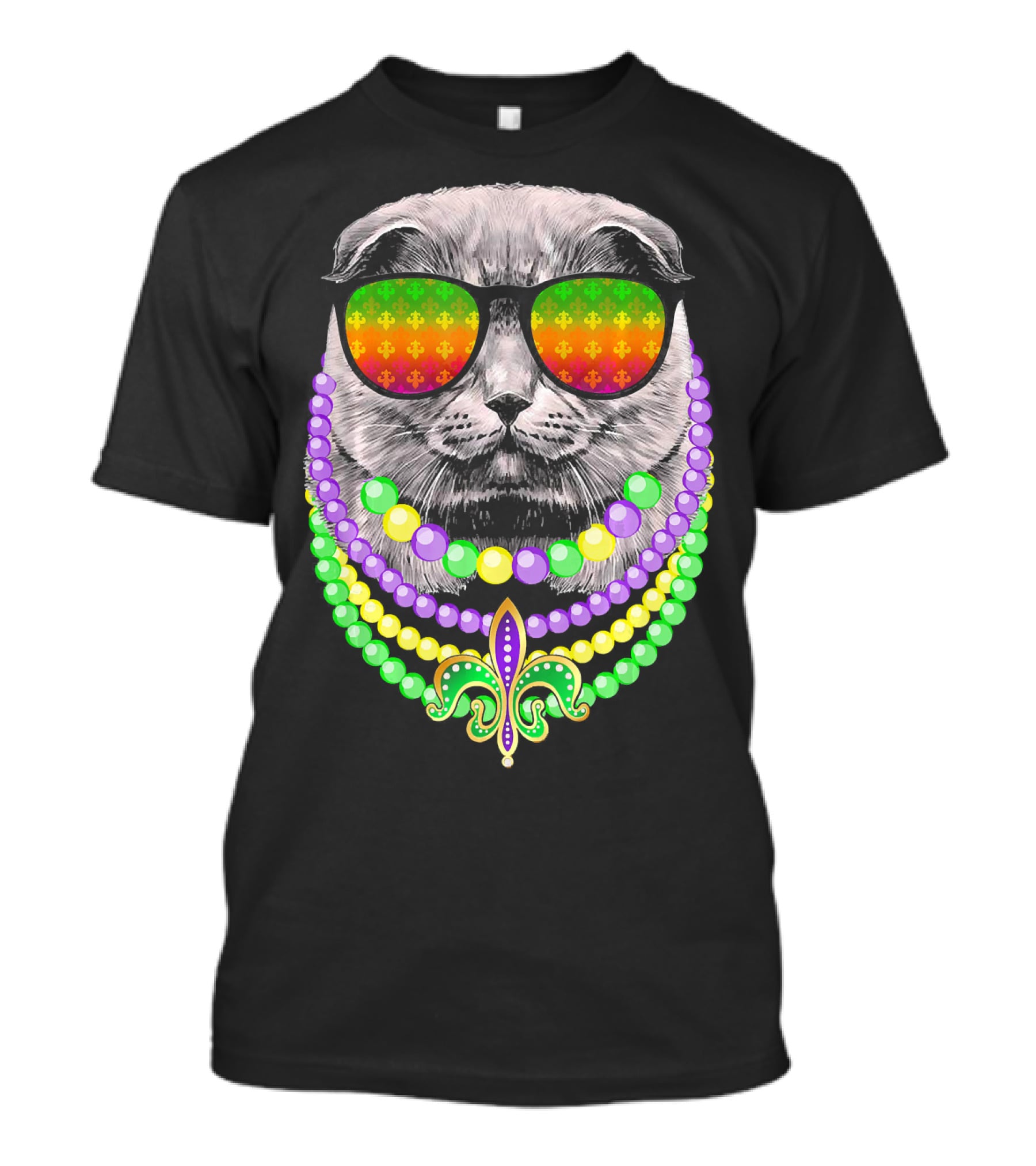 Mardi Gras Cat In Sunglasses With Beads And Fleur-de-Lis T-Shirt