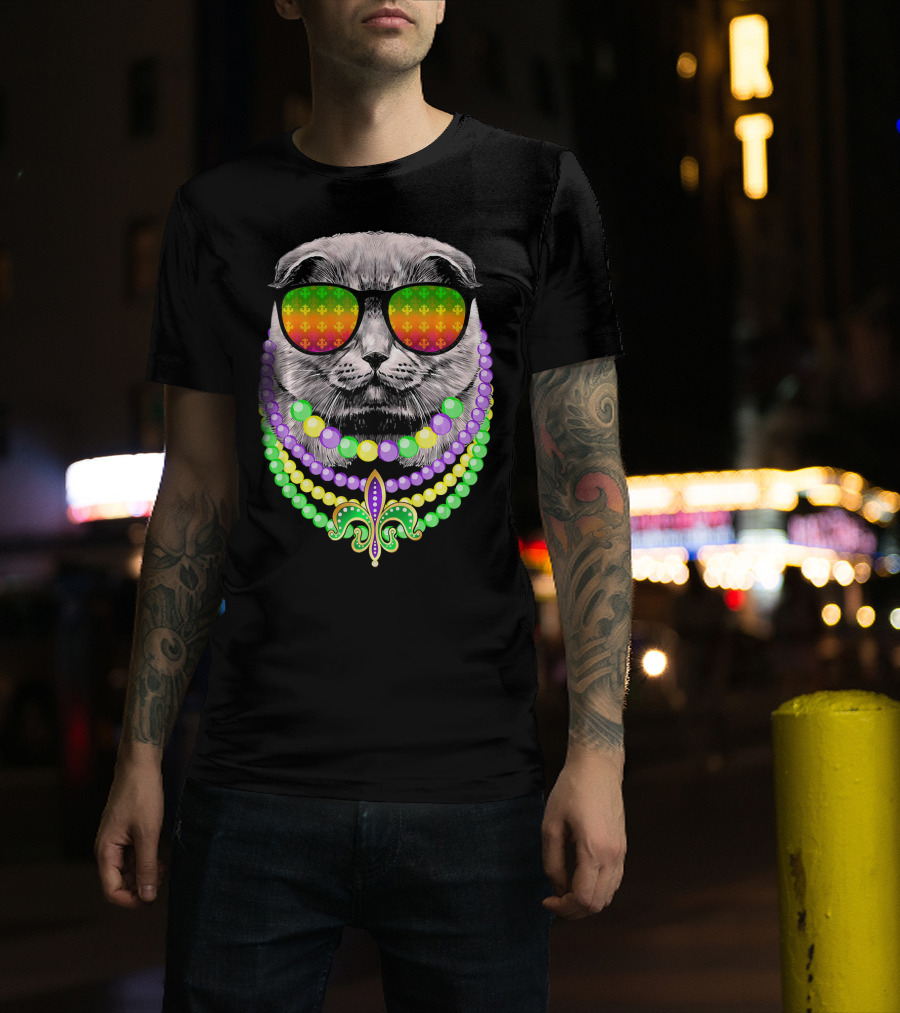 Mardi Gras Cat In Sunglasses With Beads And Fleur-de-Lis T-Shirt