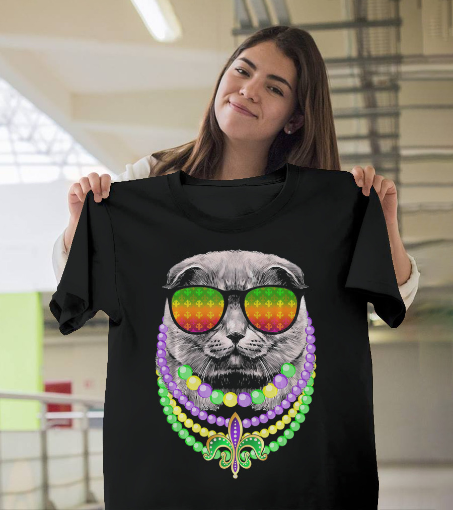 Mardi Gras Cat In Sunglasses With Beads And Fleur-de-Lis T-Shirt
