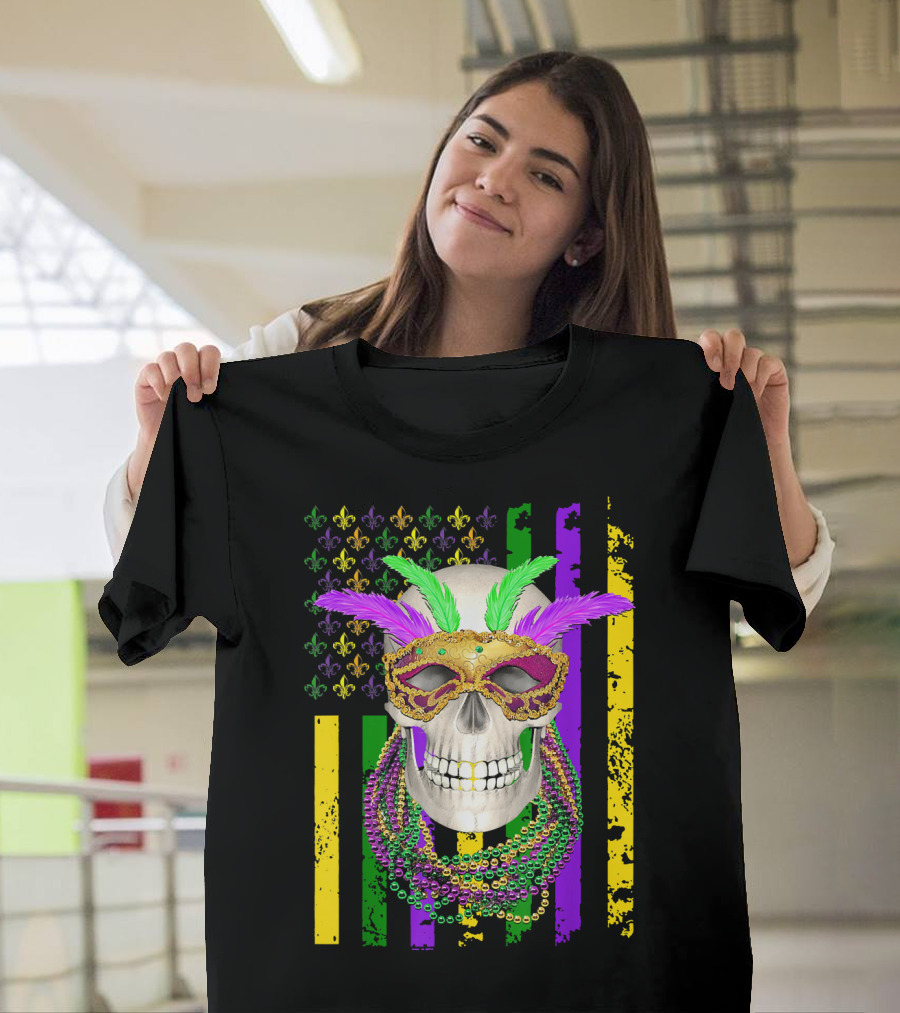 Skull Mardi Gras American Flag Beaded Skull Fleur-de-Lis T-Shirt