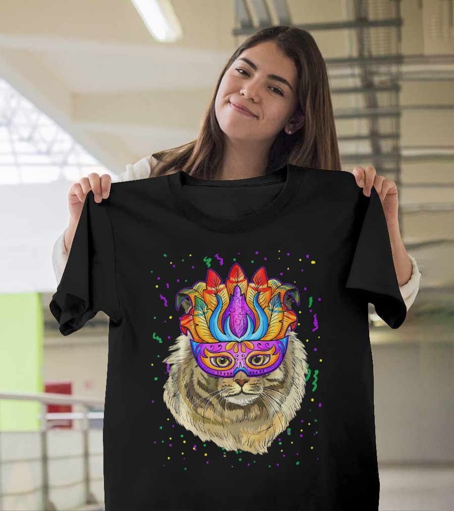 Mardi Gras Maine Coon Cat Colorful Mask Beads Festive T-Shirt