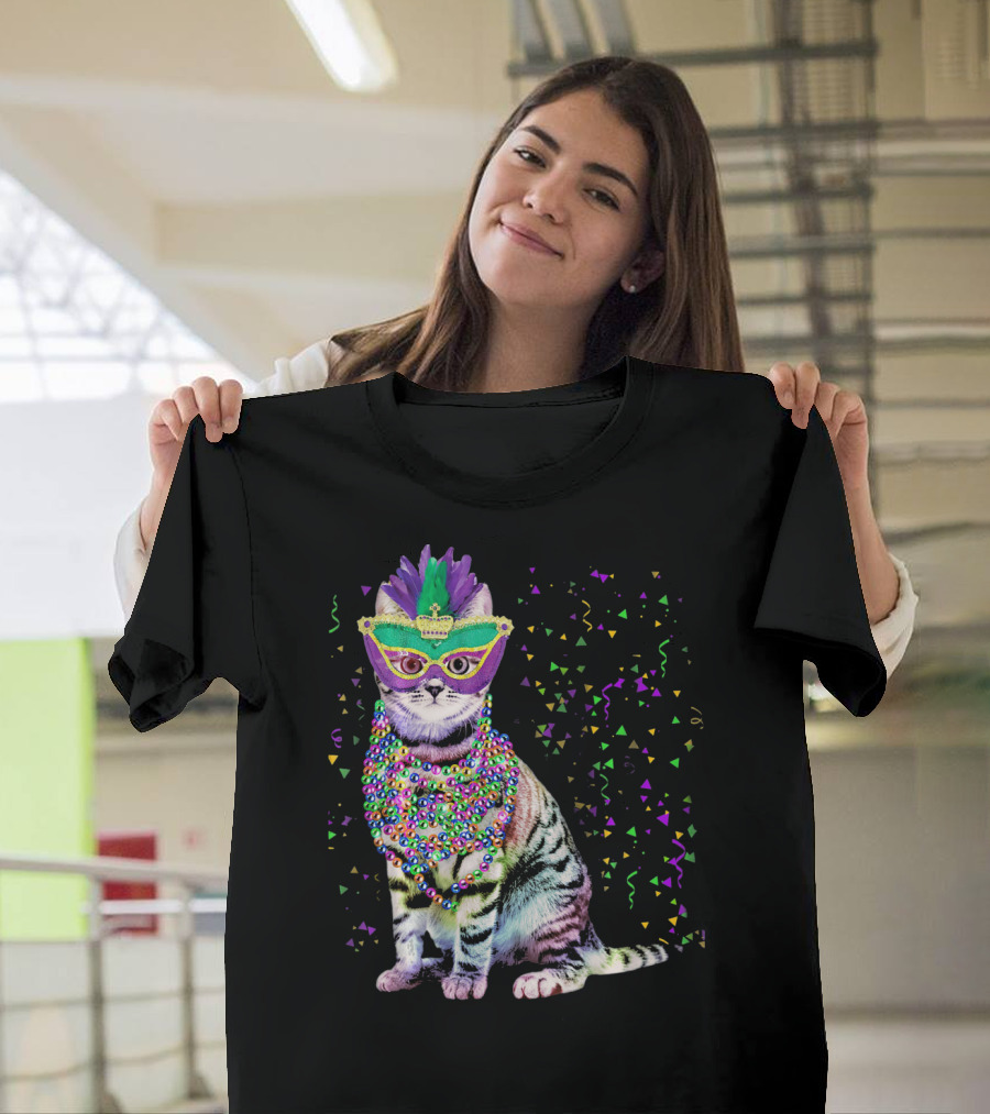 Cat Mardi Gras Beads Confetti Mask T-Shirt