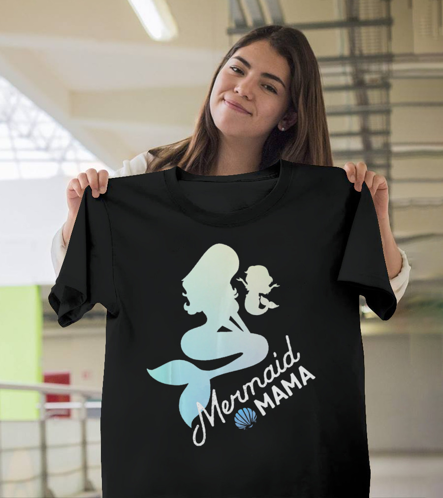Mermaid Mama Sea Lover with Baby Silhouette and Shell T-Shirt