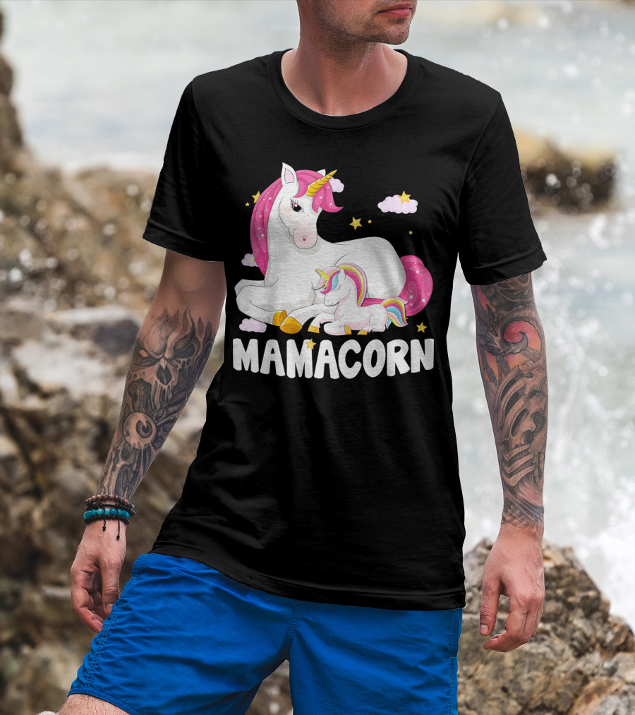 Mamacorn Unicorn New Mom Baby Momm With Stars And Clouds T-Shirt