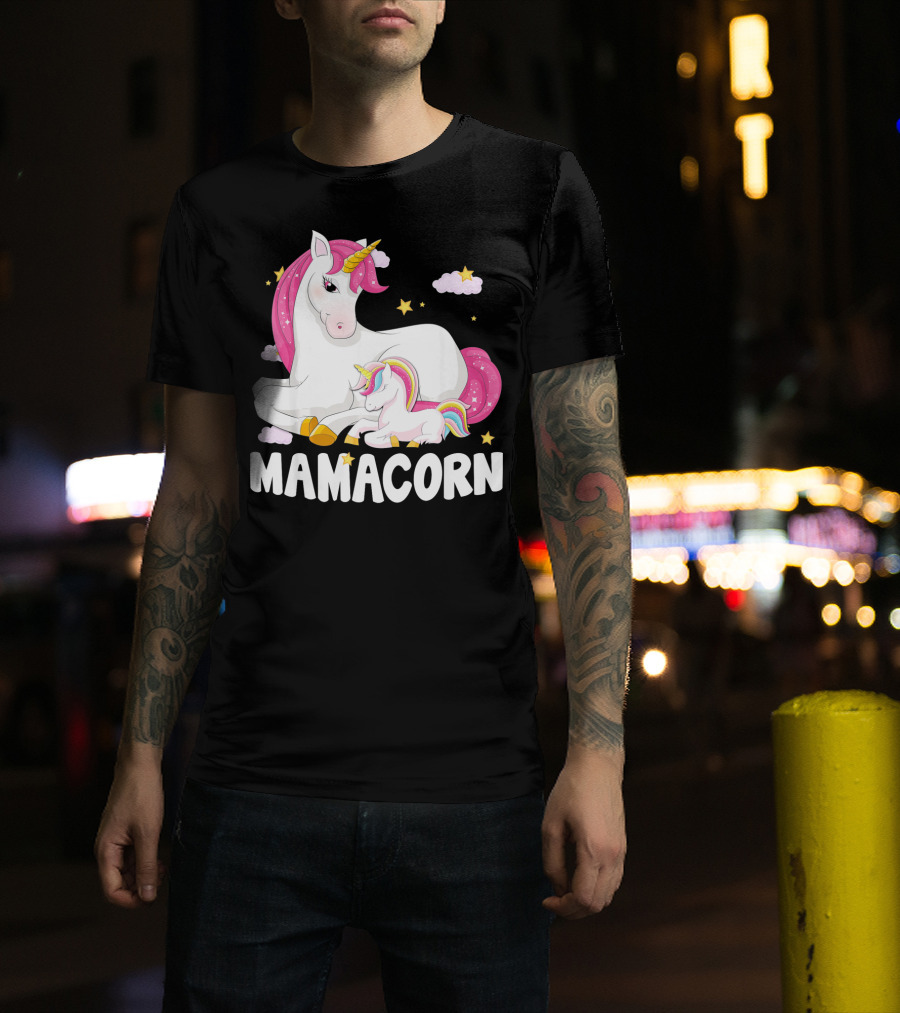 Mamacorn Unicorn New Mom Baby Momm With Stars And Clouds T-Shirt