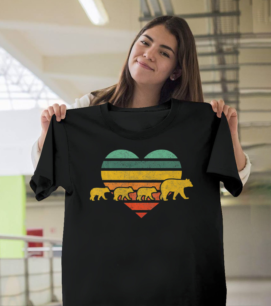 Mama Bear Three Cubs Striped Retro Heart Vintage Look T-Shirt