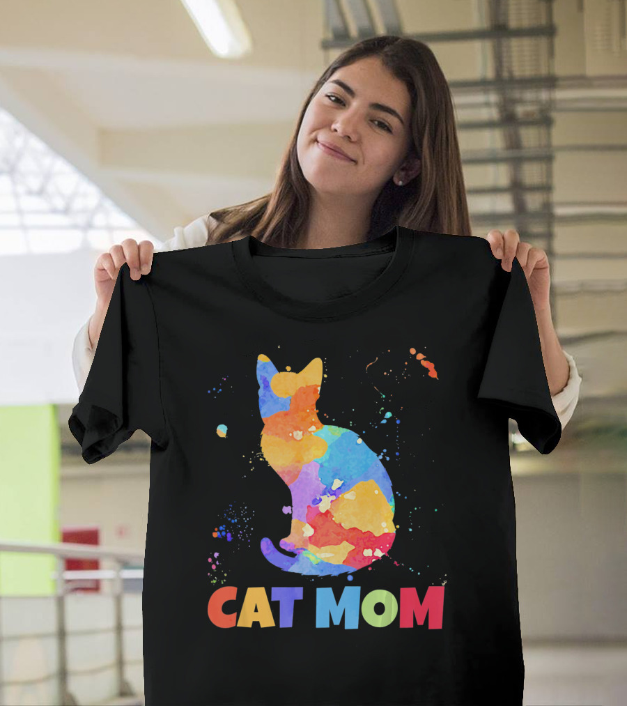 CAT MOM Colorful Watercolor Silhouette With Splash T-Shirt