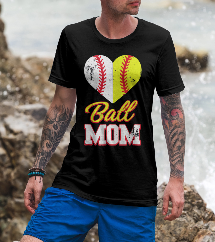 Funny Softball Mom Ball Mom Heart T-Shirt