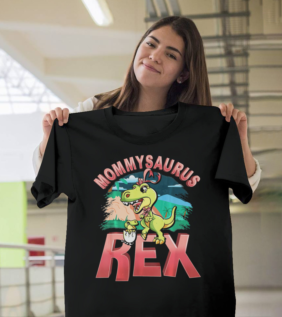 Mommysaurus Rex Dinosaur With Baby Egg In Prehistoric Landscape T-Shirt