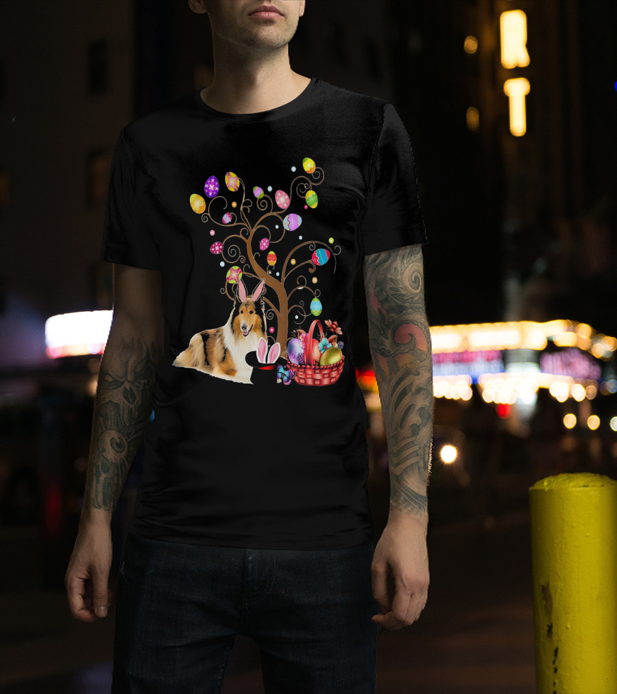 Bunny Rough Collie Easter Day Hunting Eggs Basket Tree T-Shirt