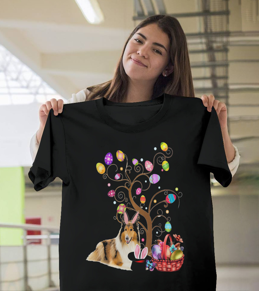 Bunny Rough Collie Easter Day Hunting Eggs Basket Tree T-Shirt