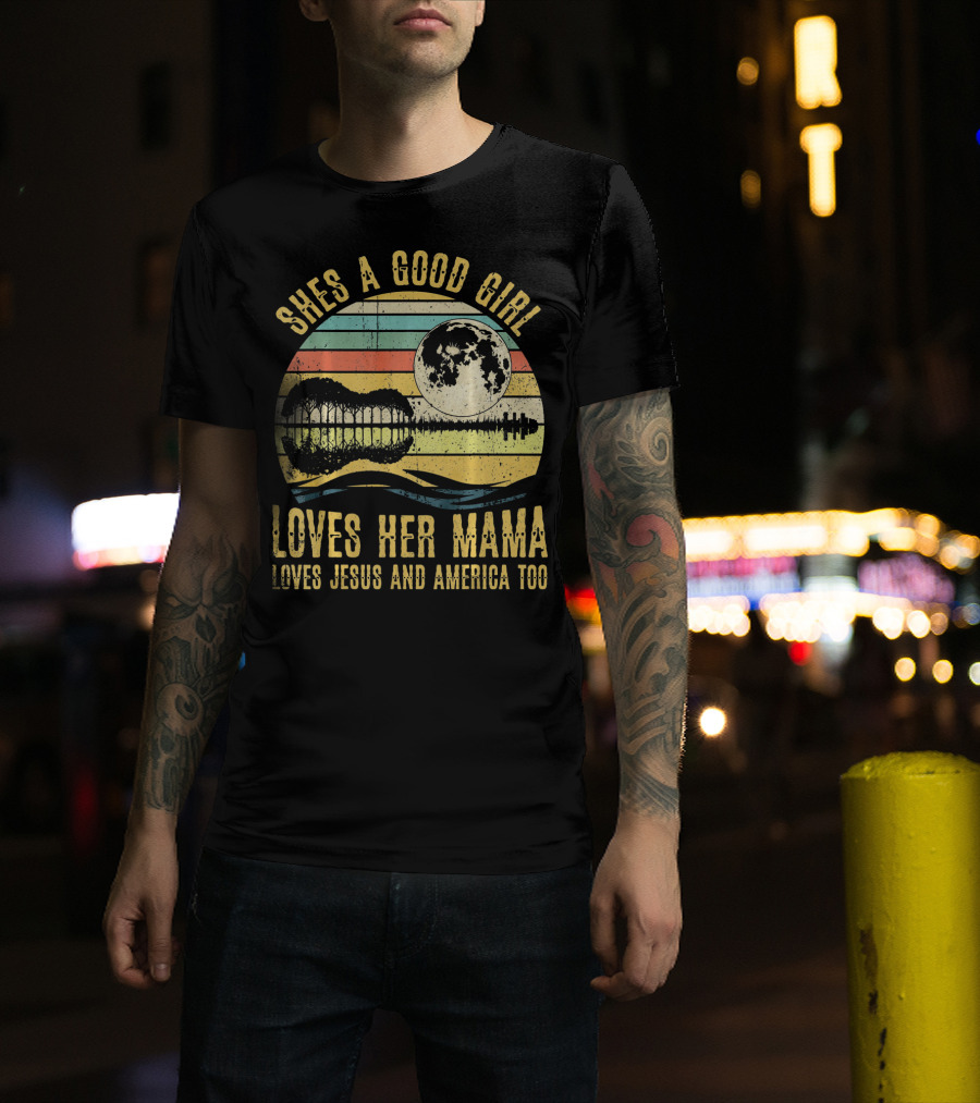 She's A Good Girl Loves Her Mama Loves Jesus And America Too Retro Acoustic Guitar Moon T-Shirt