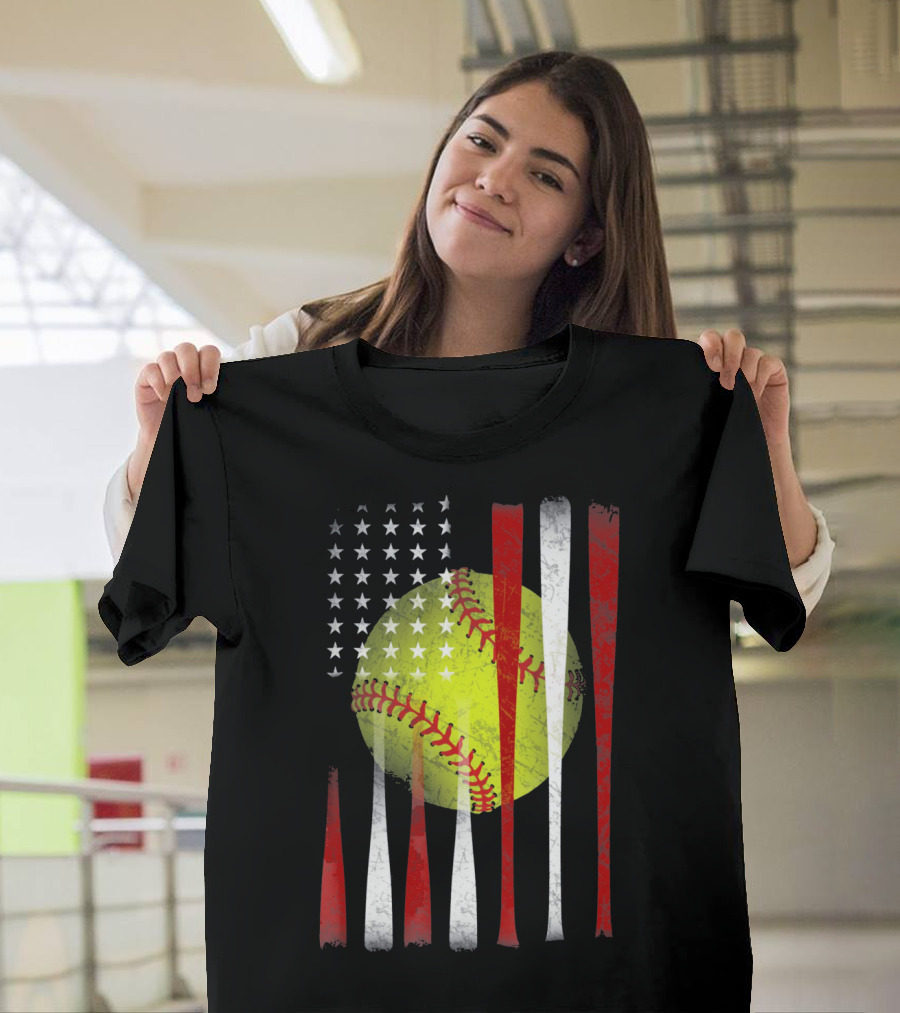 American Flag Vintage Softball Bats Stars Baseball T-Shirt