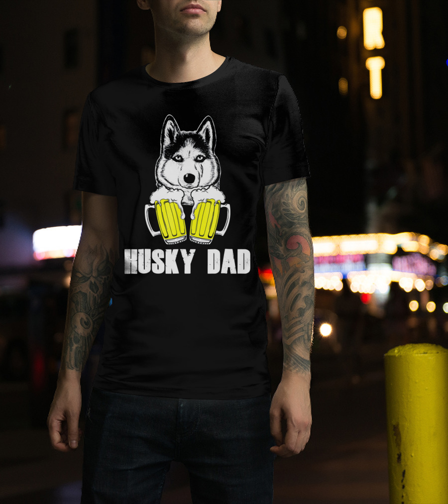 Husky Dad Funny Beer Day With Yellow Beer Mugs T-Shirt