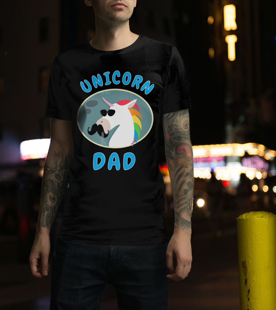 Unicorn Dad Funny Father Rainbow Mustache Sunglasses T-Shirt