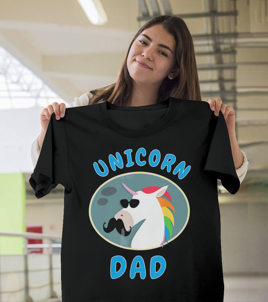 Unicorn Dad Funny Father Rainbow Mustache Sunglasses T-Shirt