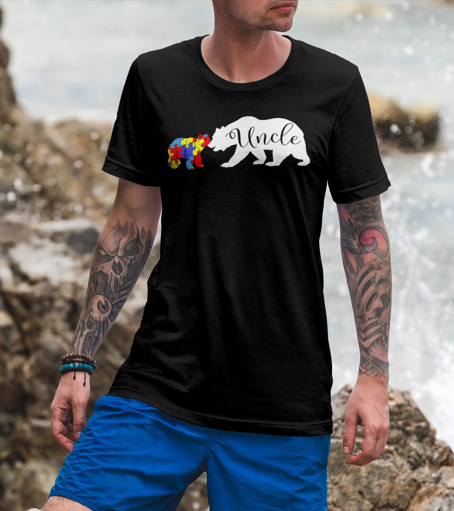 Uncle Bear With Autism Puzzle Bear Design For Awareness Month T-Shirt