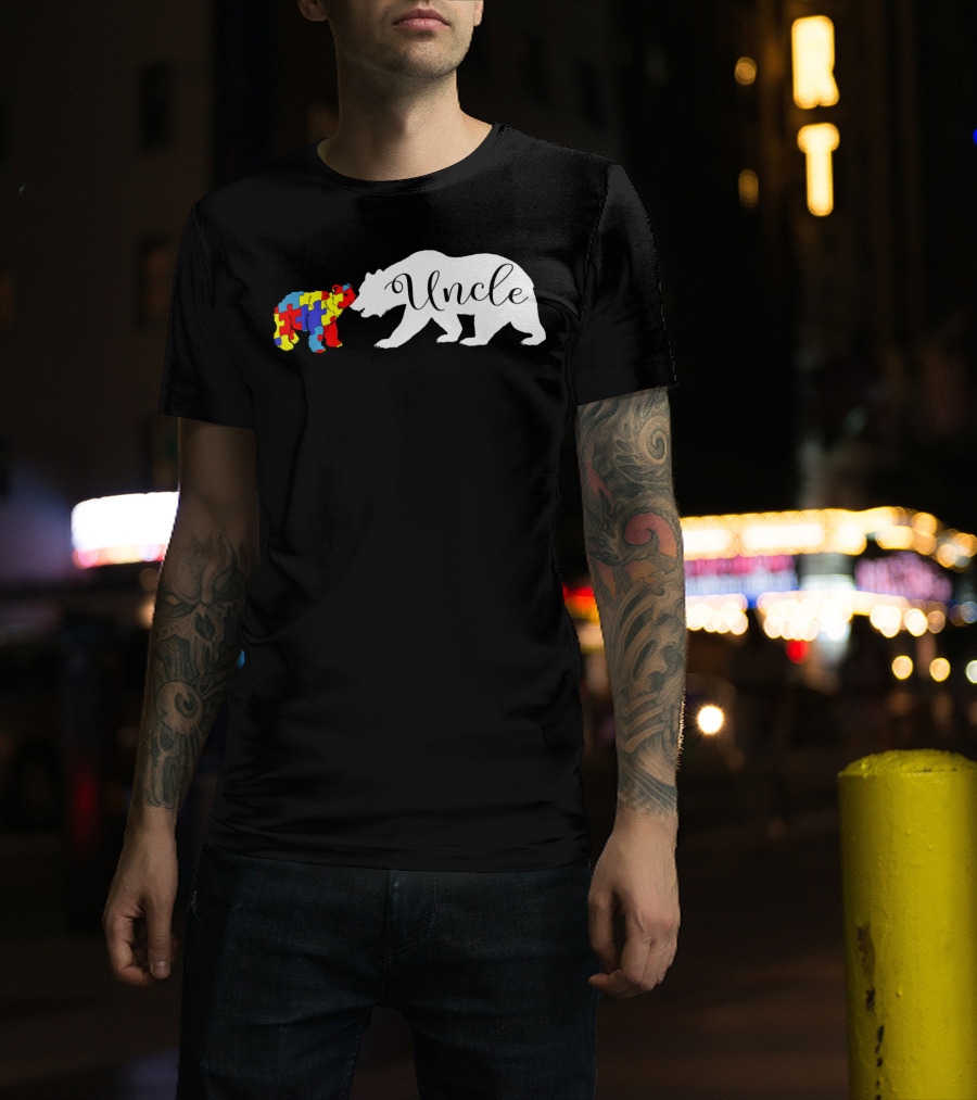 Uncle Bear With Autism Puzzle Bear Design For Awareness Month T-Shirt