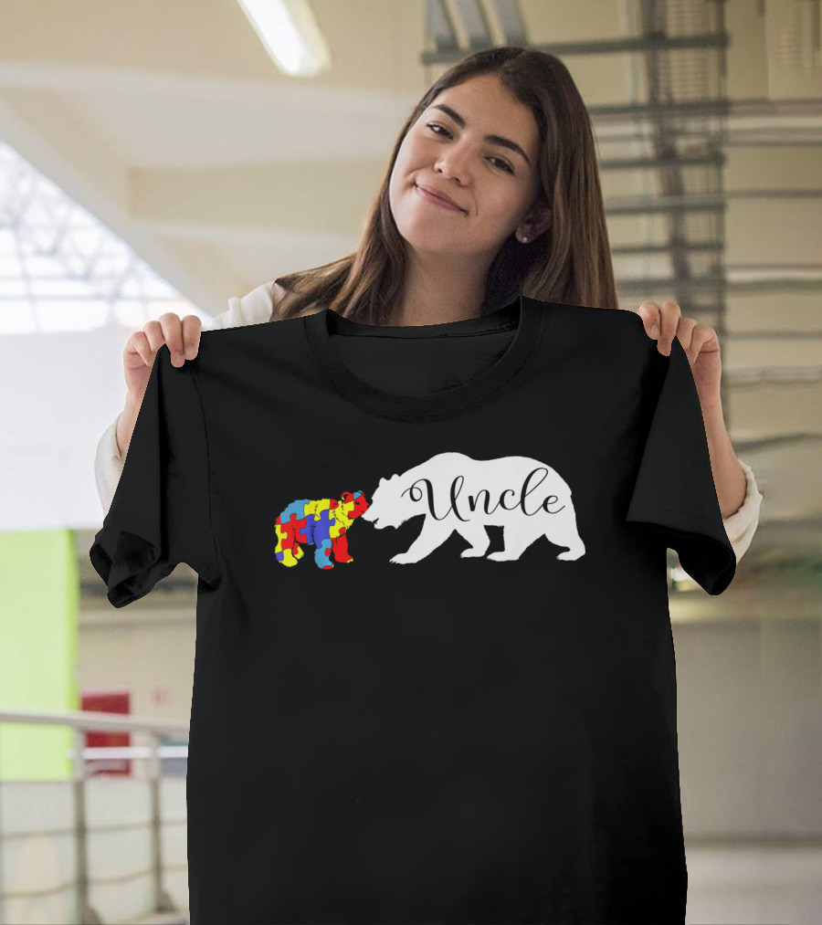 Uncle Bear With Autism Puzzle Bear Design For Awareness Month T-Shirt